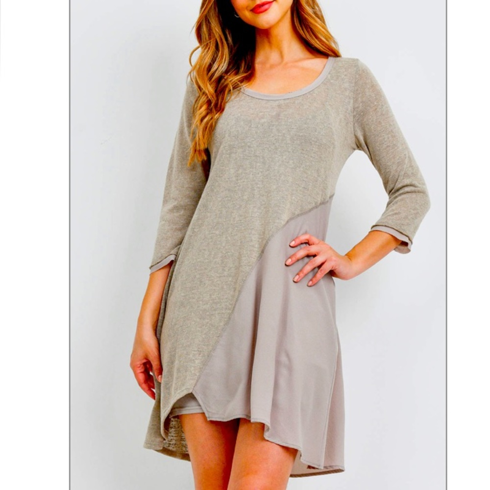 Taupe 3/4 sleeve round neck asymmetric hem two-tone shift dress. CUTE! - Picture 2 of 10